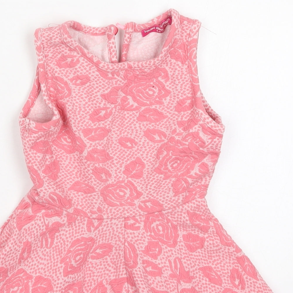 Young Dimension Girls Pink Floral Cotton Kaftan  Size 4-5 Years  Round Neck Button