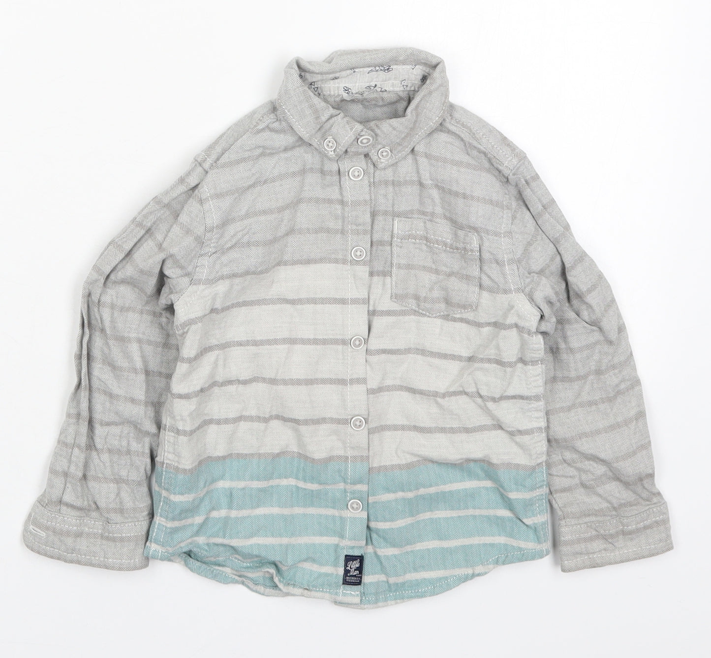 F&F Boys Blue Striped Cotton Basic Button-Up Size 3-4 Years Collared Button - Grey