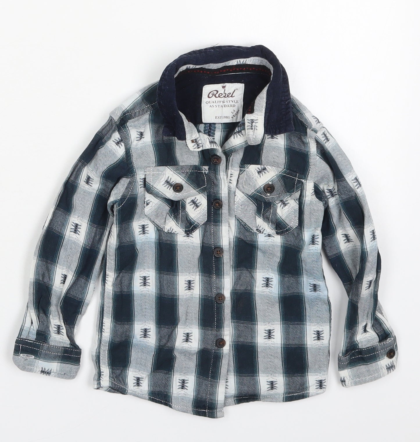 Primark Boys Blue Check Cotton Basic Button-Up Size 2-3 Years Collared Button