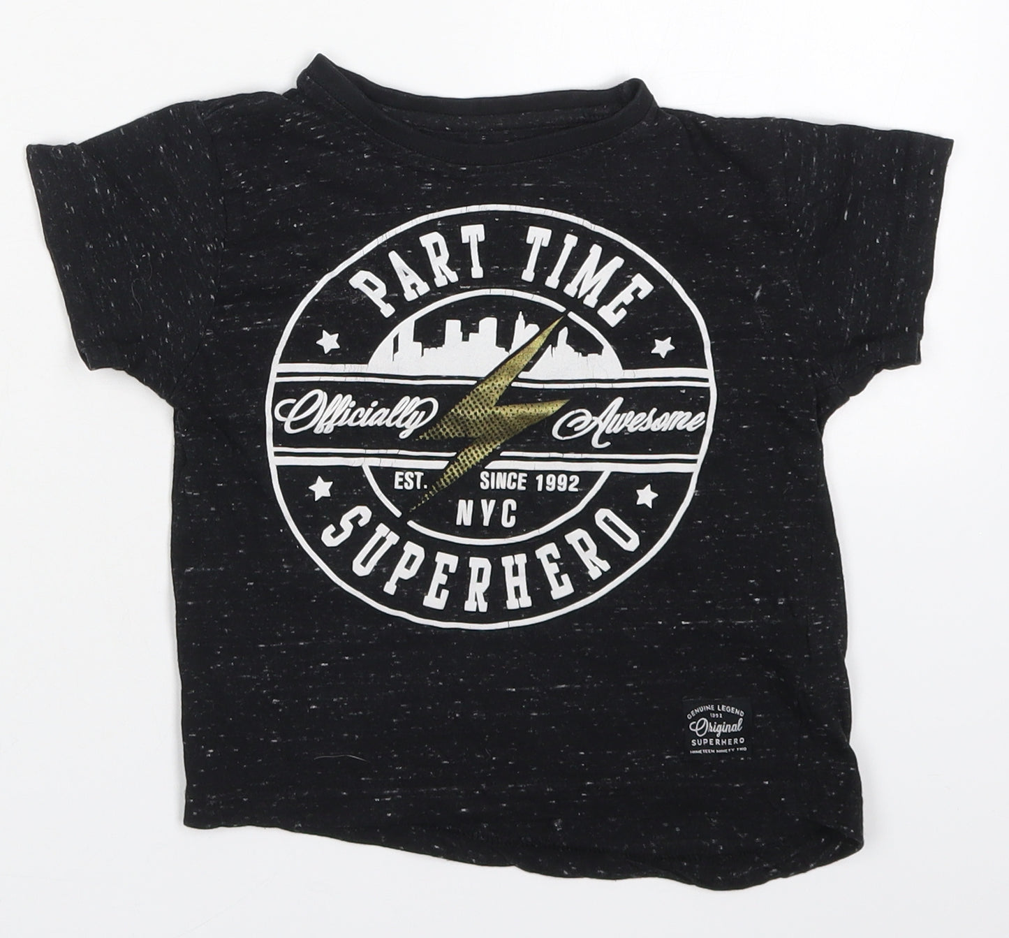 Primark Boys Black  Cotton Basic T-Shirt Size 3-4 Years Crew Neck Pullover - Part Time Superhero