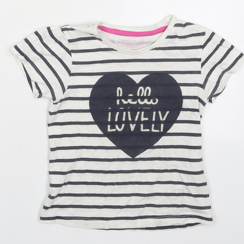 Young Dimension Girls White Striped Cotton Basic T-Shirt Size 6-7 Years Round Neck Pullover - Hello Lovely