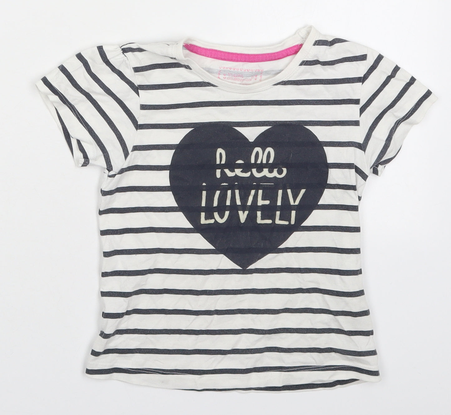 Young Dimension Girls White Striped Cotton Basic T-Shirt Size 6-7 Years Round Neck Pullover - Hello Lovely