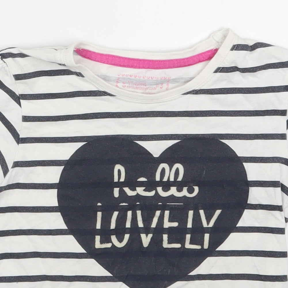 Young Dimension Girls White Striped Cotton Basic T-Shirt Size 6-7 Years Round Neck Pullover - Hello Lovely