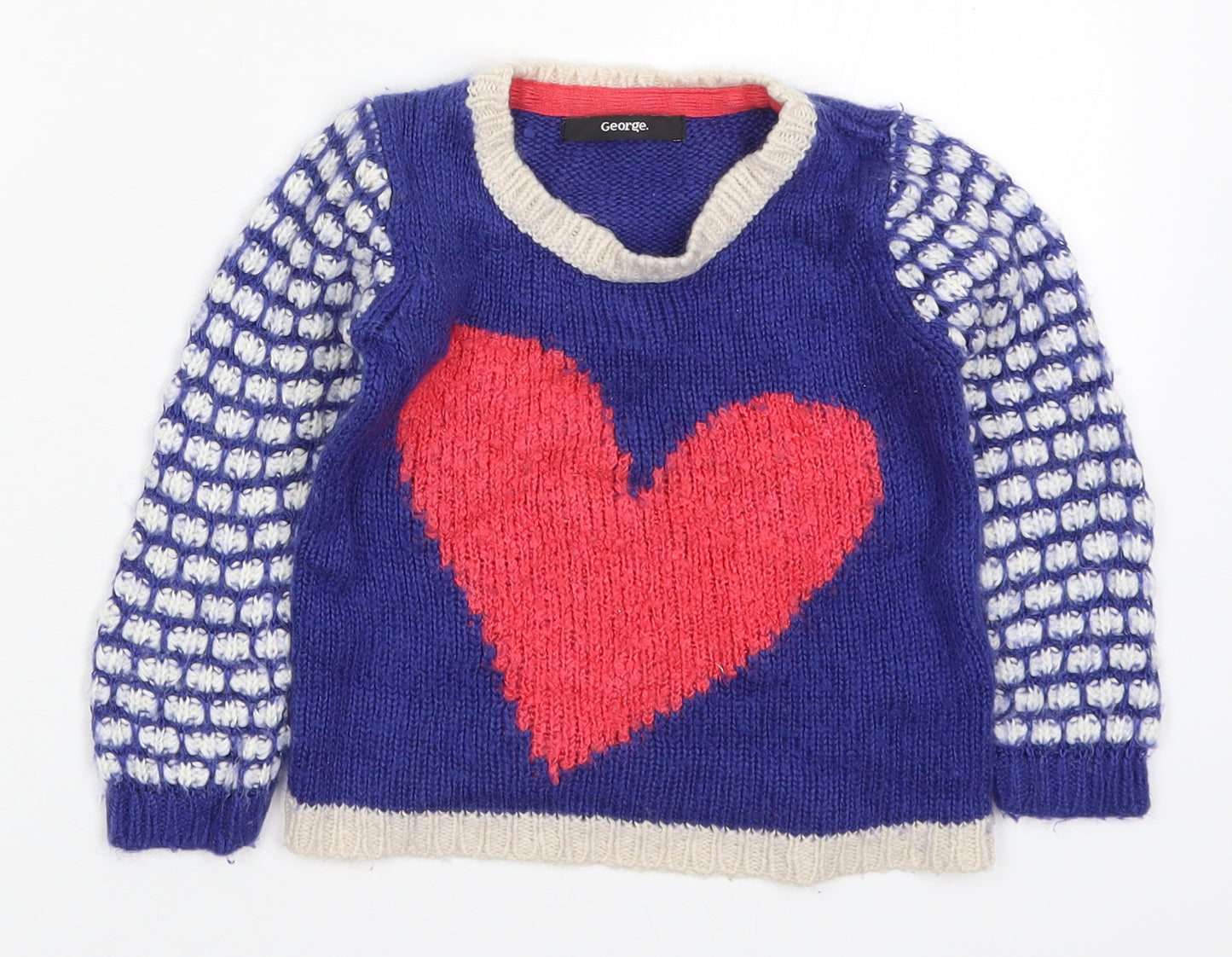 George Girls Blue Round Neck Polka Dot Acrylic Pullover Jumper Size 3-4 Years  Pullover - Love Heart