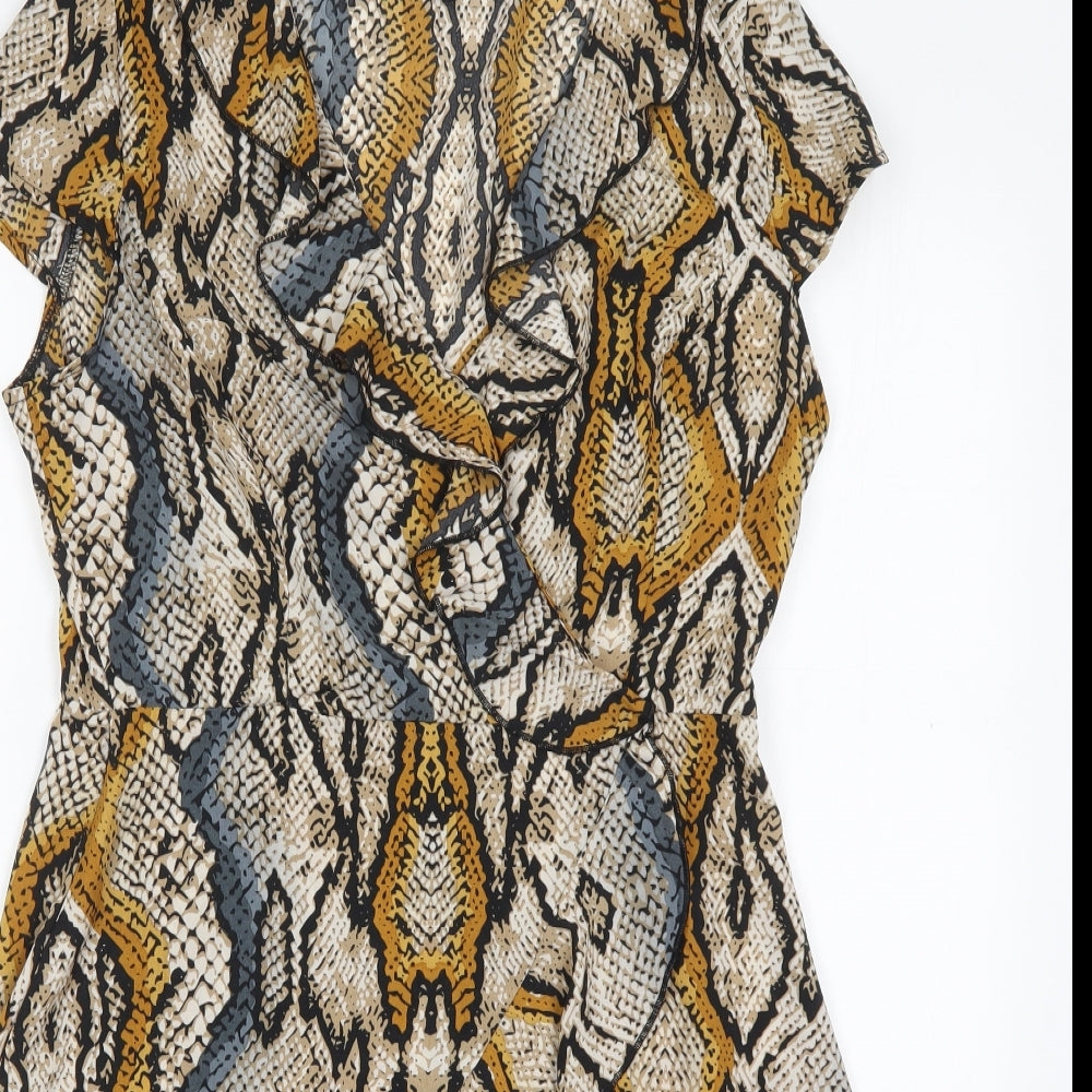 Dorothy Perkins Womens Beige Animal Print Polyester A-Line  Size 12  V-Neck Zip