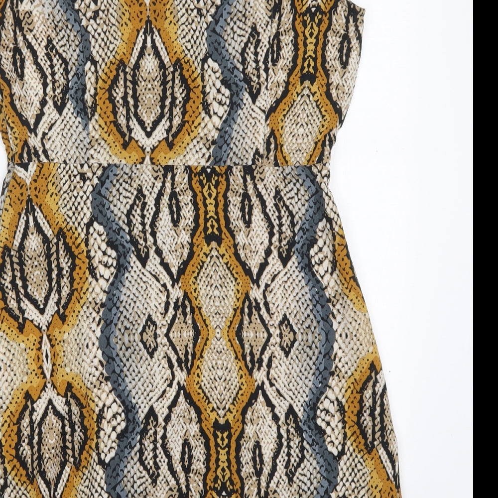 Dorothy Perkins Womens Beige Animal Print Polyester A-Line  Size 12  V-Neck Zip