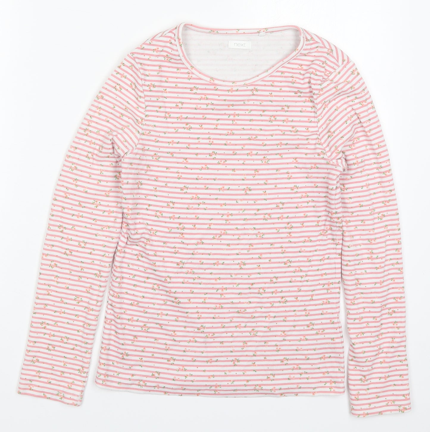 NEXT Girls Pink Striped Cotton Basic T-Shirt Size 12 Years Round Neck Pullover - Flowers