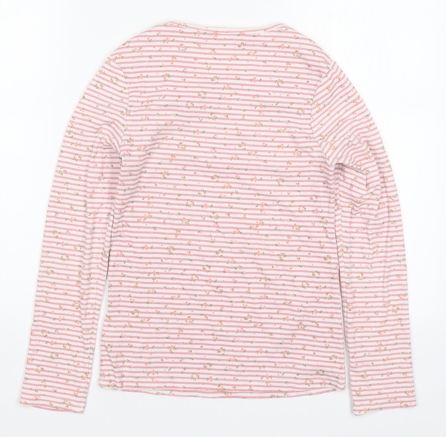 NEXT Girls Pink Striped Cotton Basic T-Shirt Size 12 Years Round Neck Pullover - Flowers