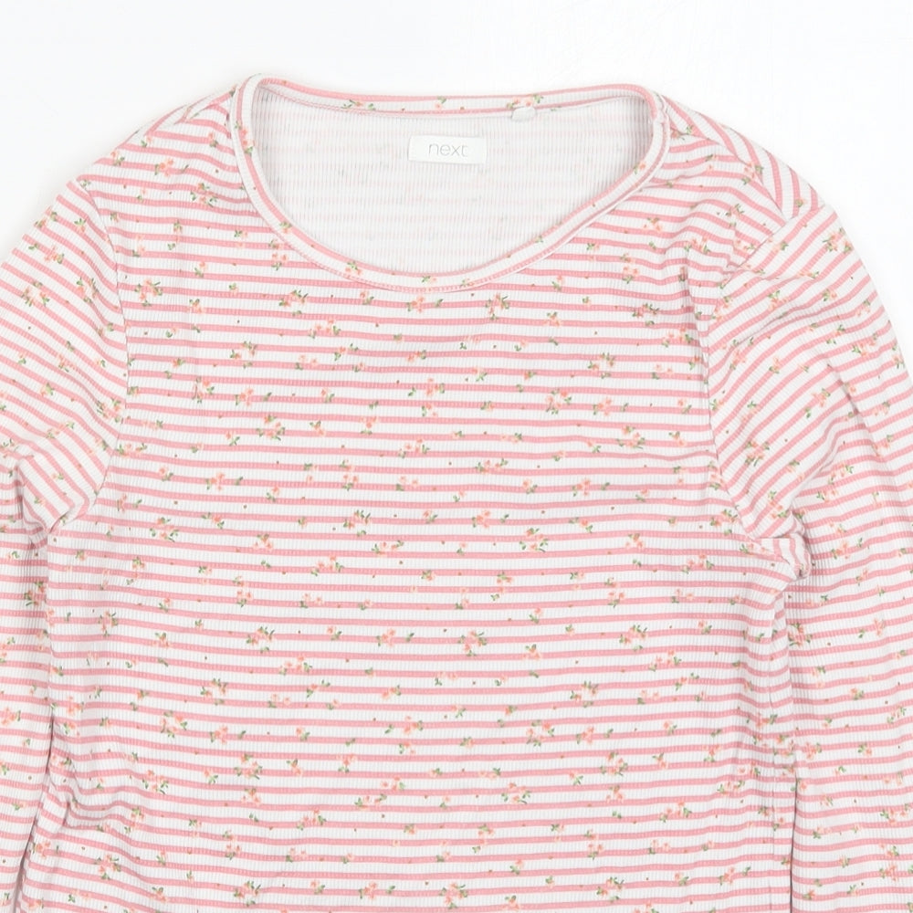 NEXT Girls Pink Striped Cotton Basic T-Shirt Size 12 Years Round Neck Pullover - Flowers