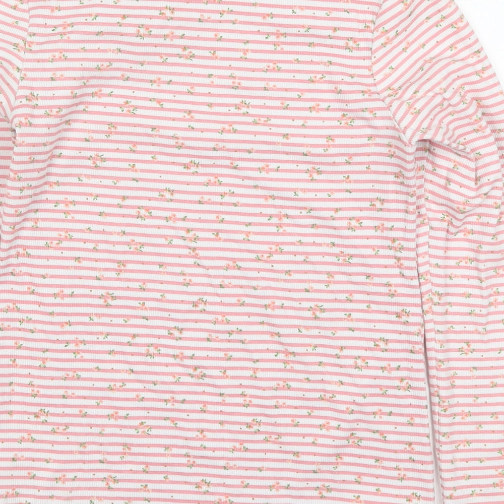 NEXT Girls Pink Striped Cotton Basic T-Shirt Size 12 Years Round Neck Pullover - Flowers