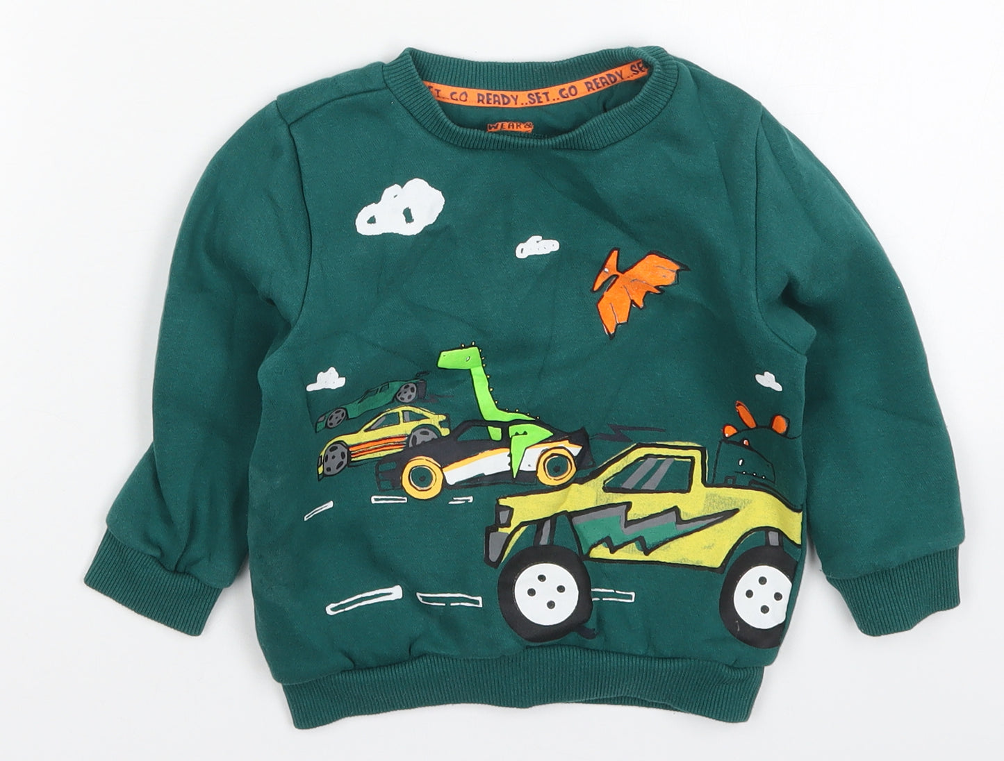 F&F Boys Green  Cotton Pullover Sweatshirt Size 3-4 Years  Pullover - Trucks and Dinosaurs