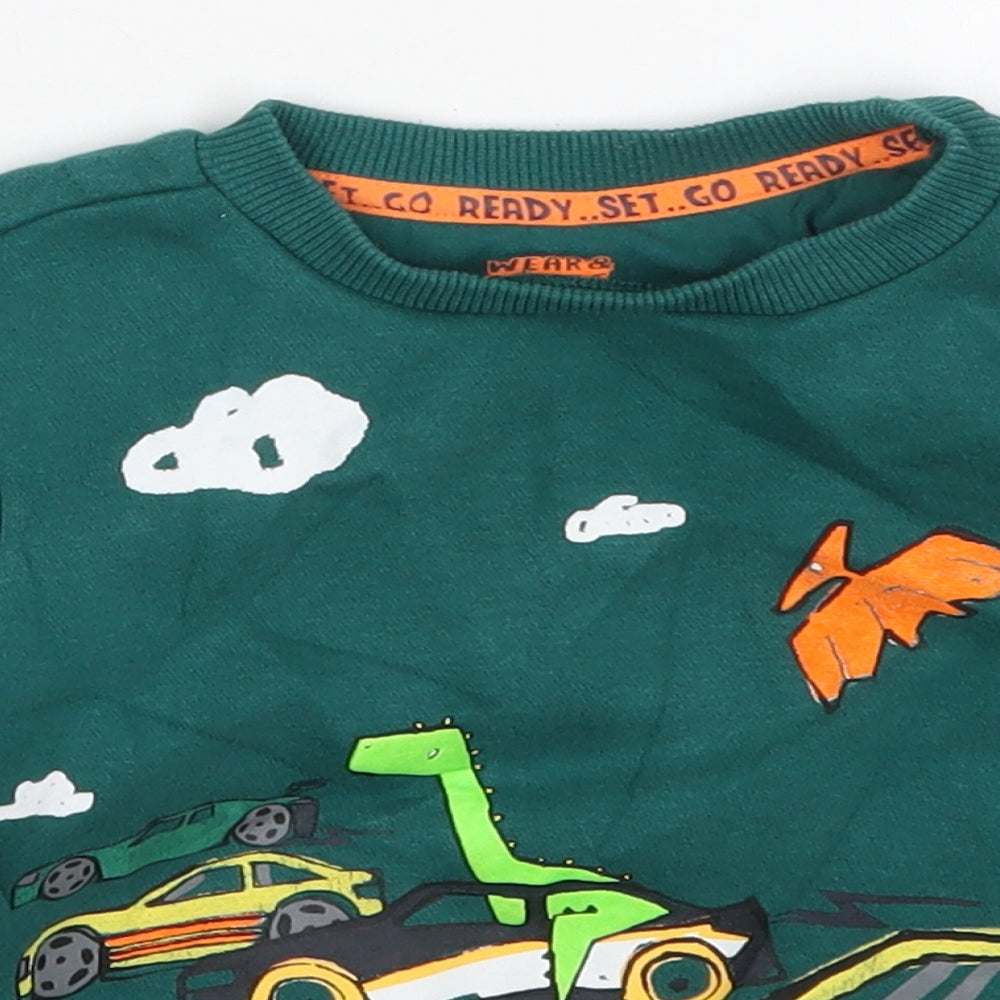 F&F Boys Green  Cotton Pullover Sweatshirt Size 3-4 Years  Pullover - Trucks and Dinosaurs