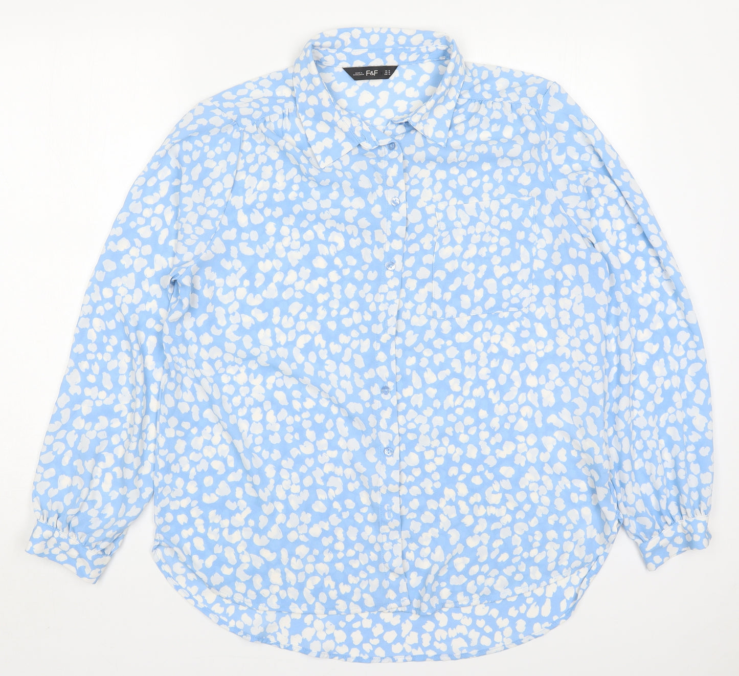 F&F Womens Blue Animal Print Polyester Basic Blouse Size 16 Collared