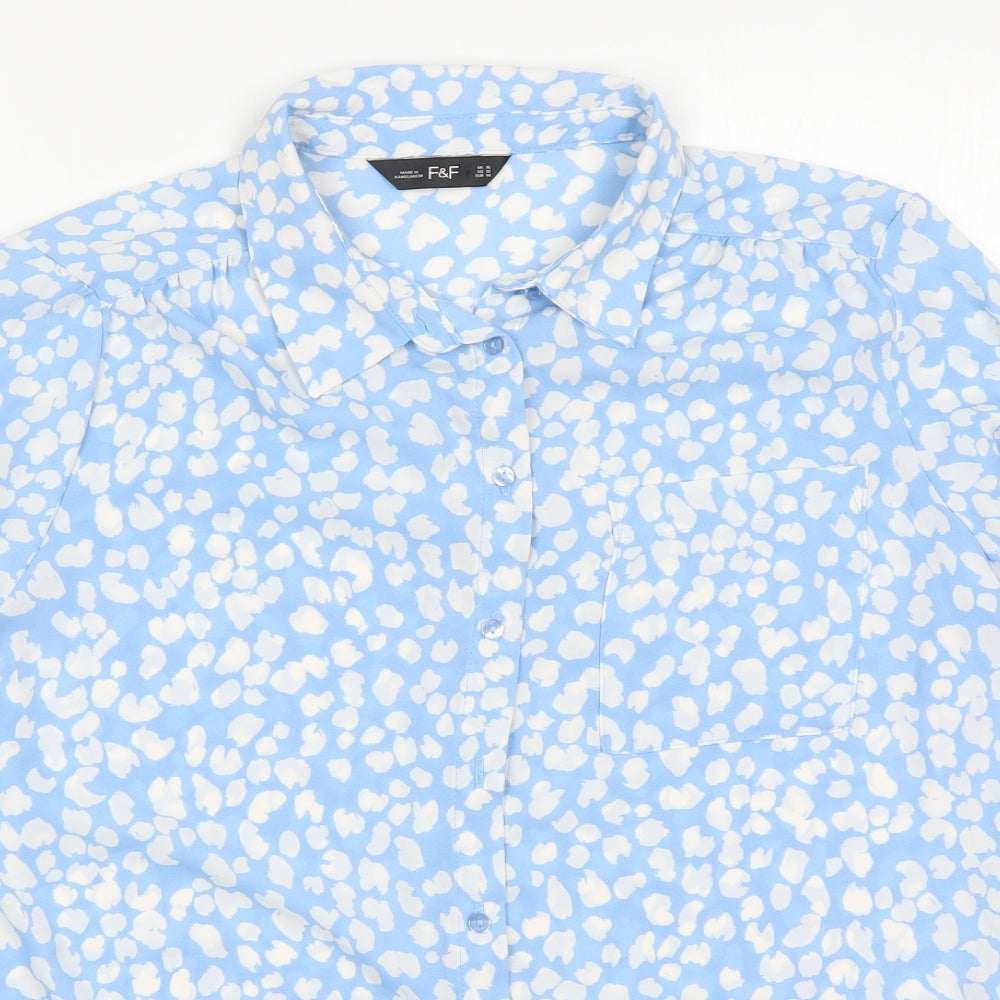 F&F Womens Blue Animal Print Polyester Basic Blouse Size 16 Collared