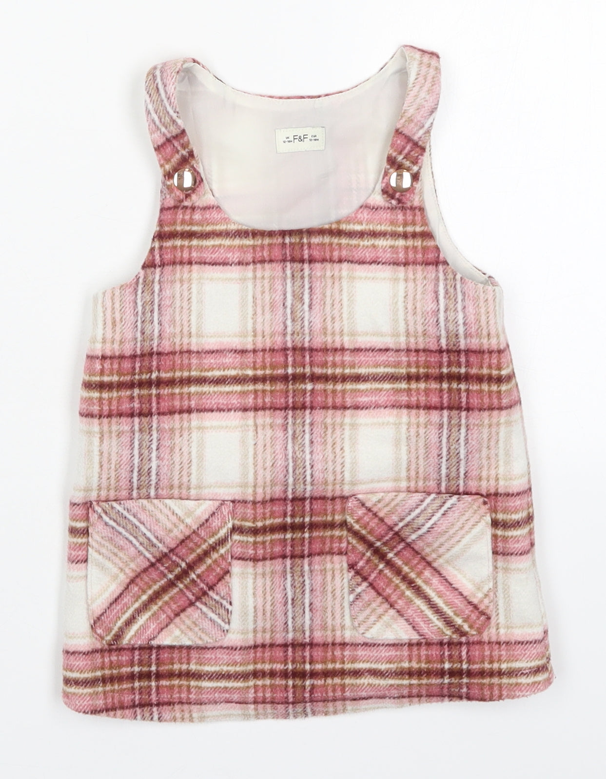 F&F Girls Pink Check Polyester Pinafore/Dungaree Dress  Size 12-18 Months  Round Neck Pullover