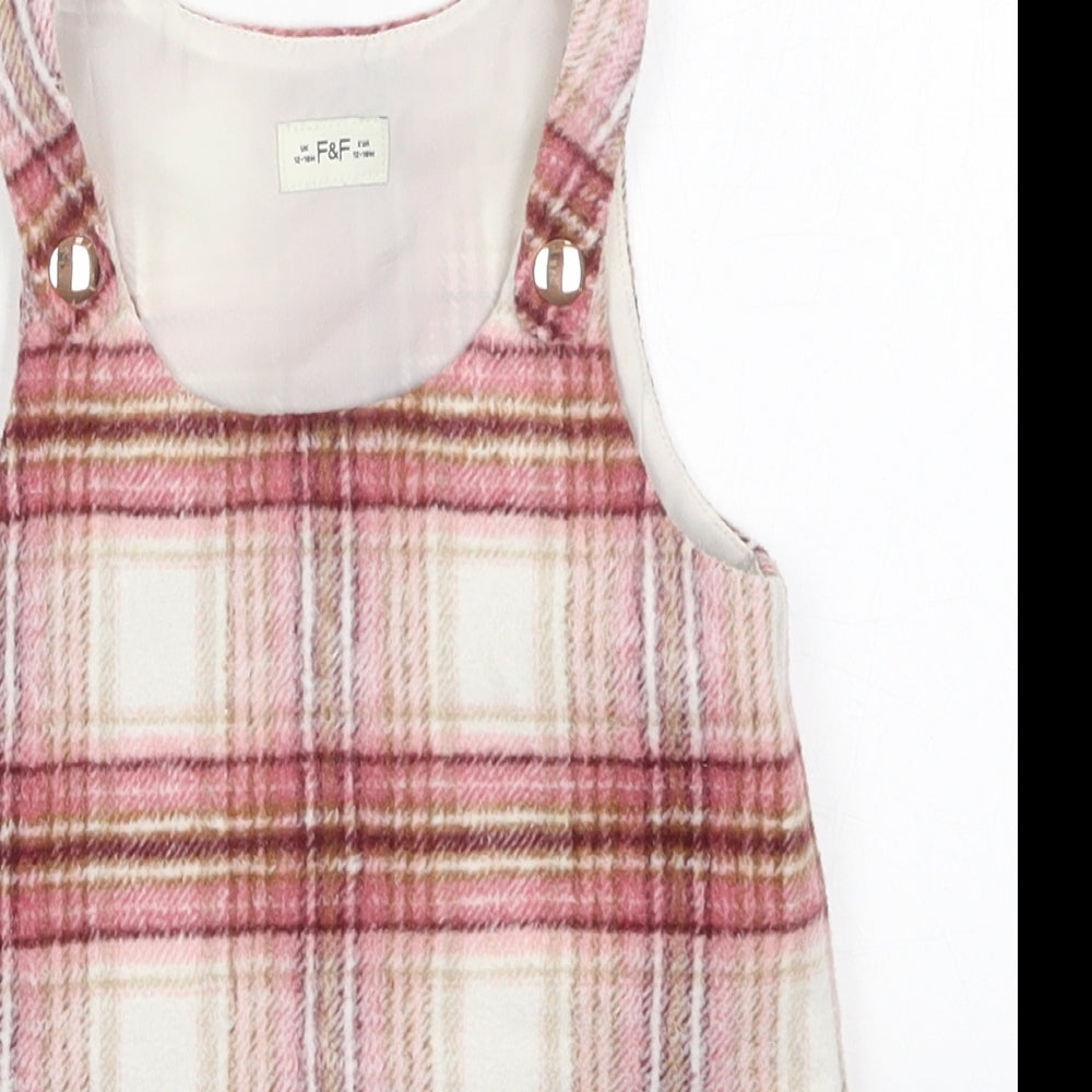 F&F Girls Pink Check Polyester Pinafore/Dungaree Dress  Size 12-18 Months  Round Neck Pullover