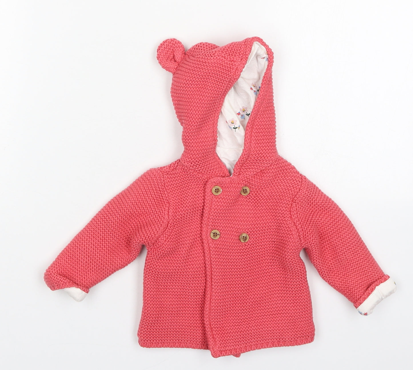 Marks and Spencer Girls Pink  Cotton Cardigan Jumper Size 3-6 Months  Button - Ears on Hood