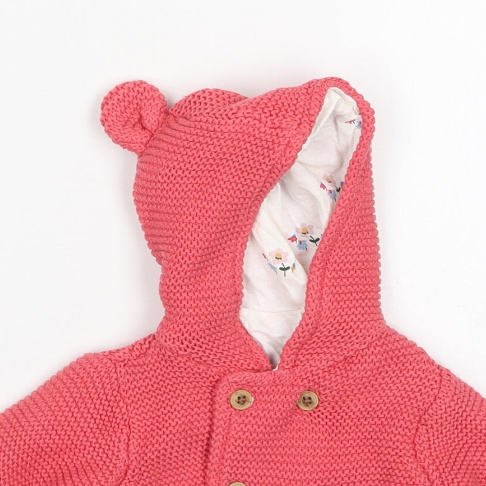 Marks and Spencer Girls Pink  Cotton Cardigan Jumper Size 3-6 Months  Button - Ears on Hood