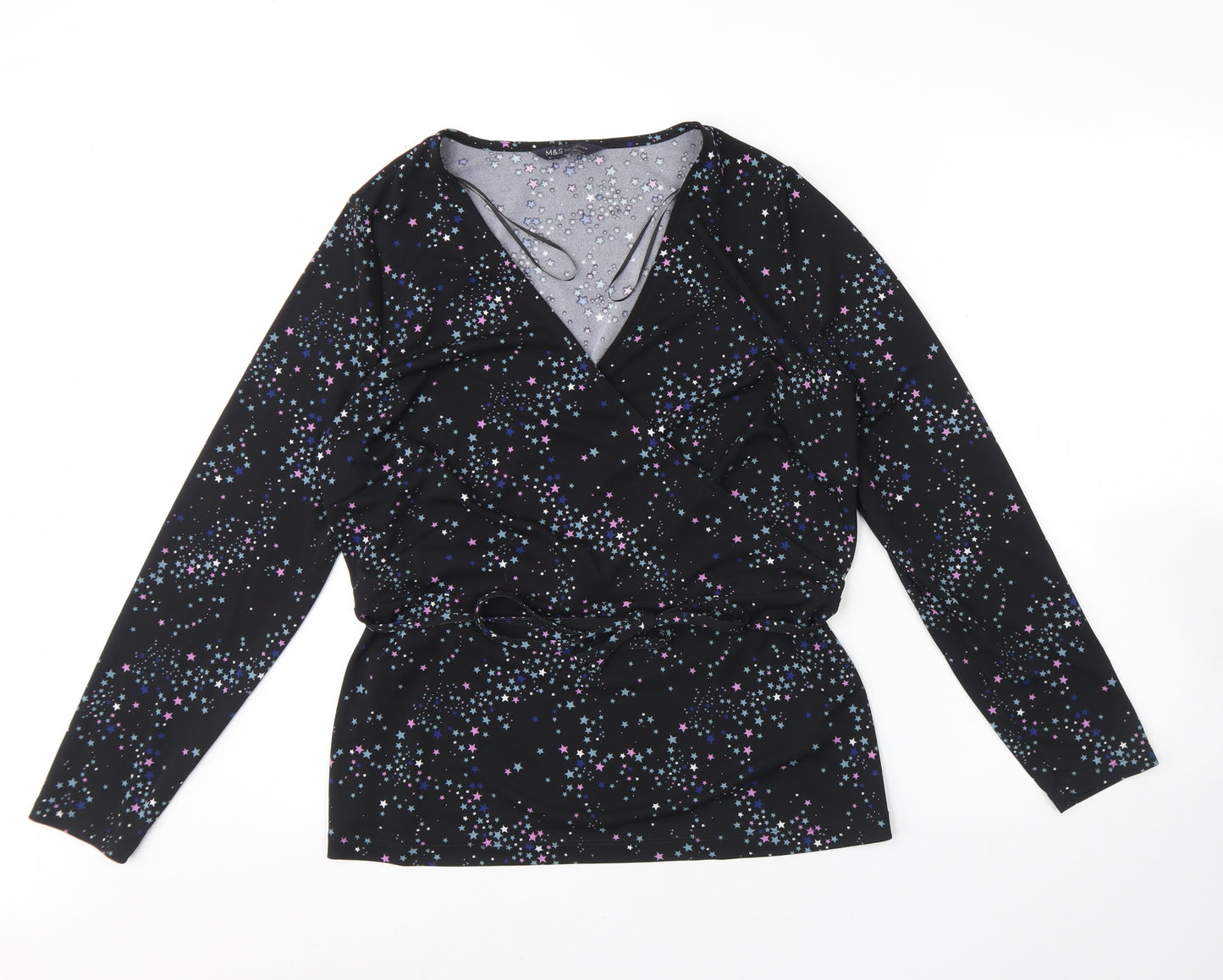 M&S Womens Black Polka Dot Polyester Basic Blouse Size 16 V-Neck