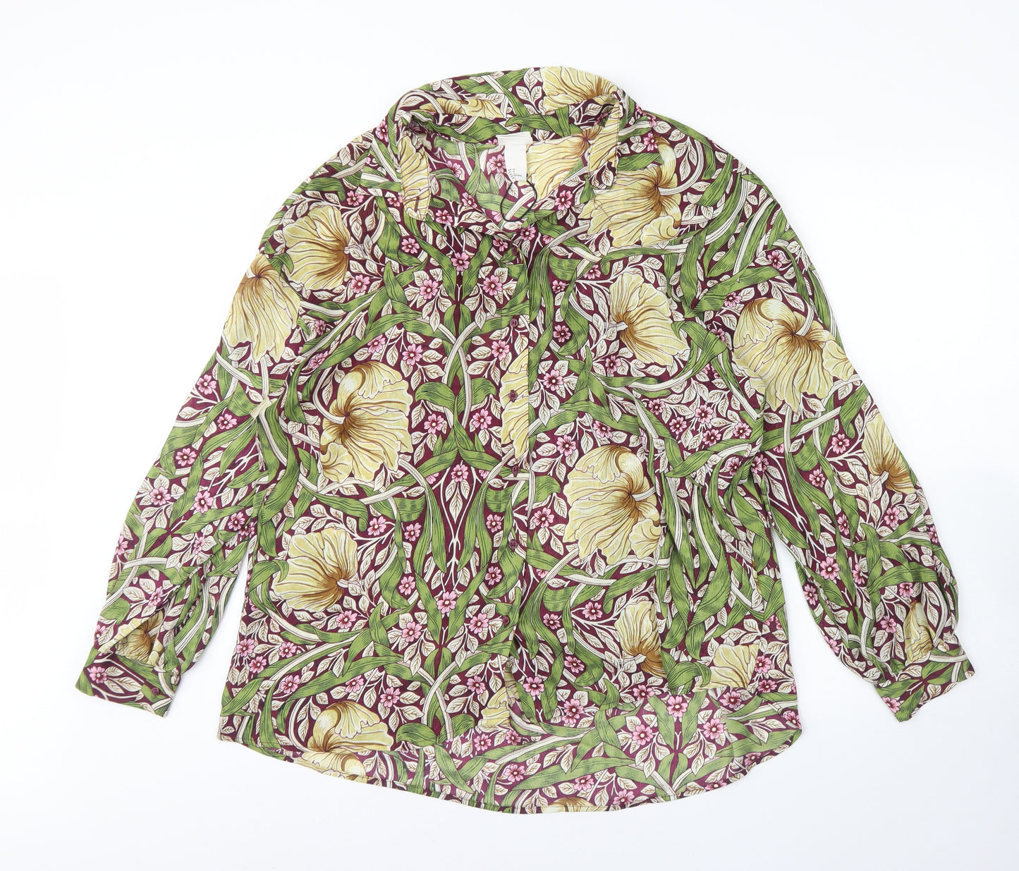 H&M Womens Green Floral Polyester Basic Button-Up Size 16 Collared
