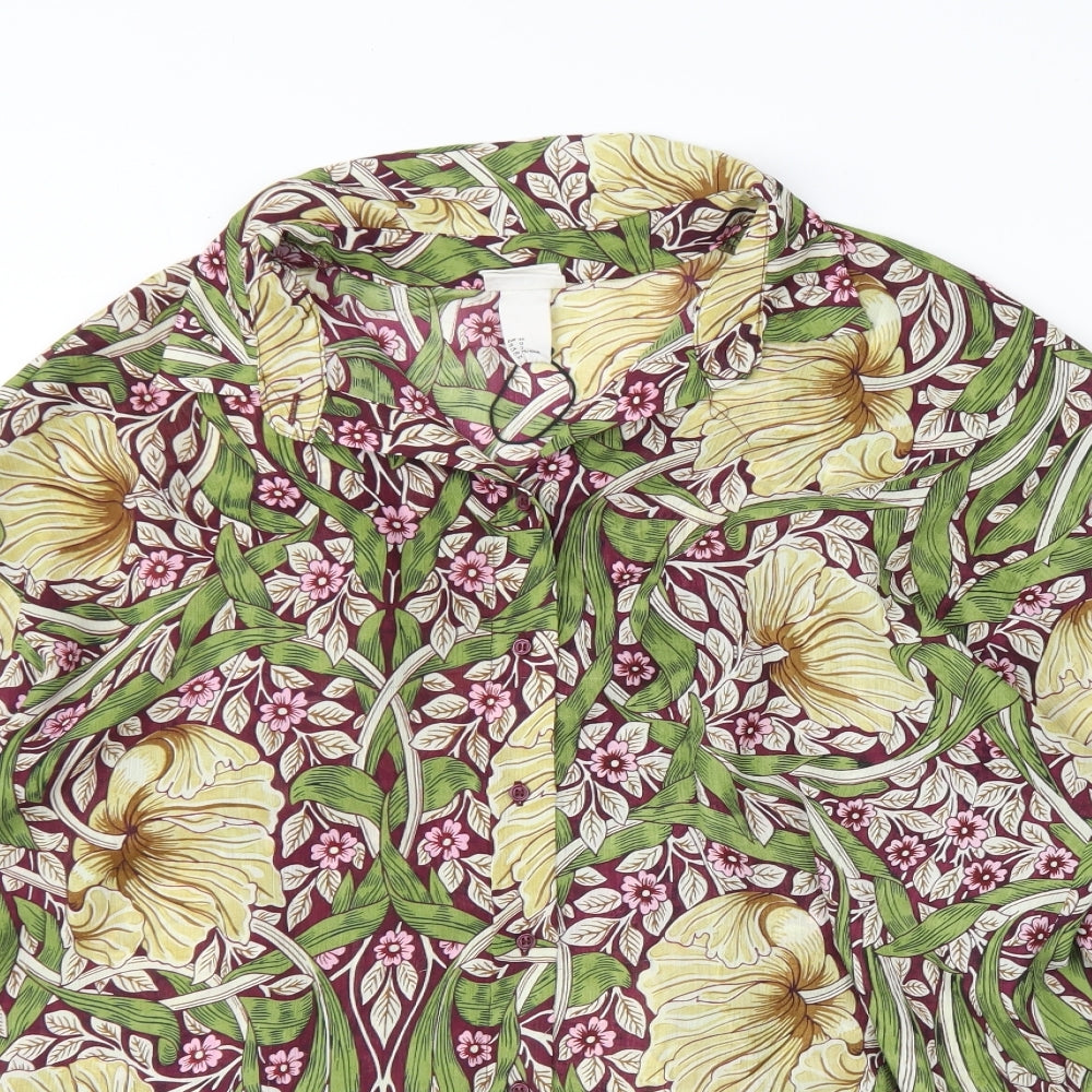 H&M Womens Green Floral Polyester Basic Button-Up Size 16 Collared