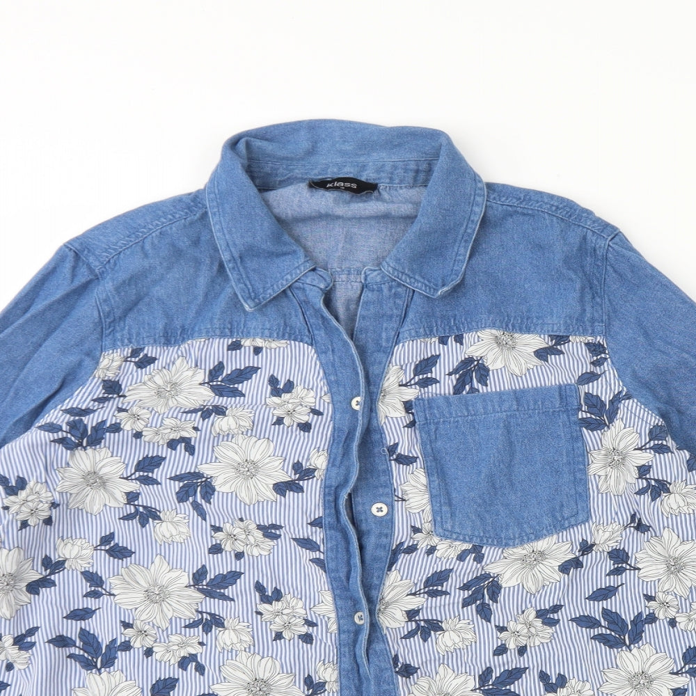 Klass Womens Blue Floral Cotton Basic Button-Up Size 18 Collared