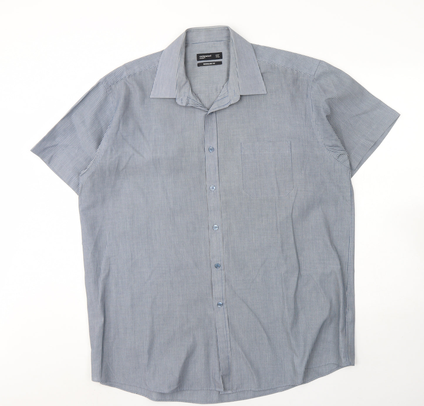 Cedar Wood State Mens Blue Striped Cotton  Dress Shirt Size 17.5 Collared Button