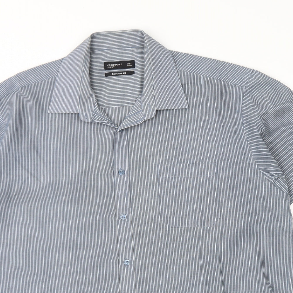 Cedar Wood State Mens Blue Striped Cotton  Dress Shirt Size 17.5 Collared Button