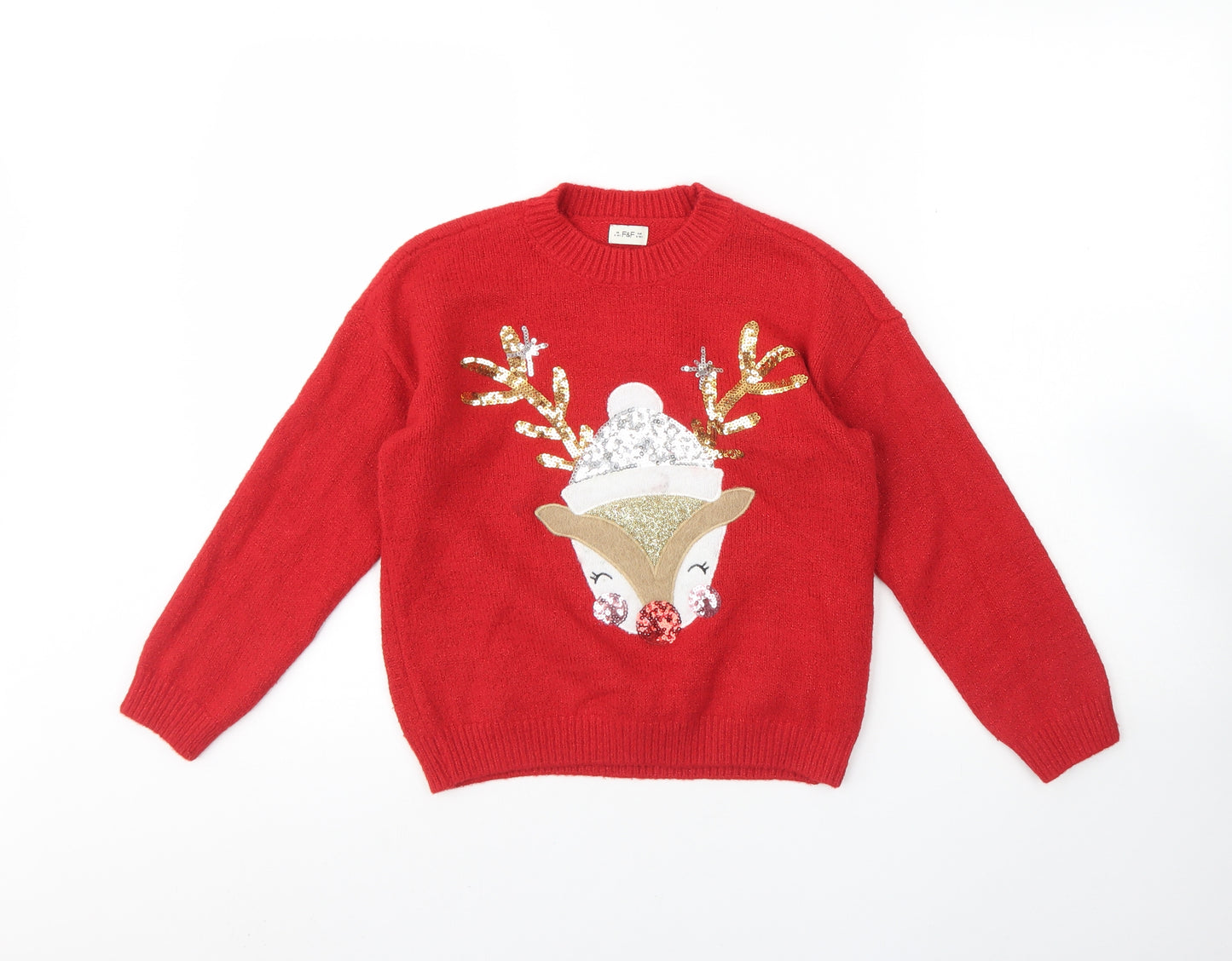 F&F Girls Red Round Neck  Polyester Pullover Jumper Size 9 Years   - Christmas