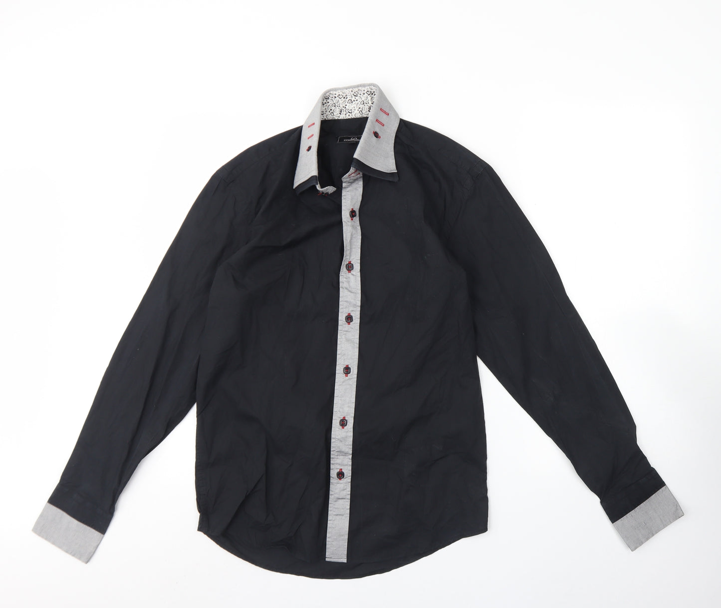 Swadelatinum Mens Black  Cotton  Dress Shirt Size M Collared Button