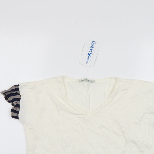 lacati Womens Beige  Polyester Basic T-Shirt Size S Round Neck