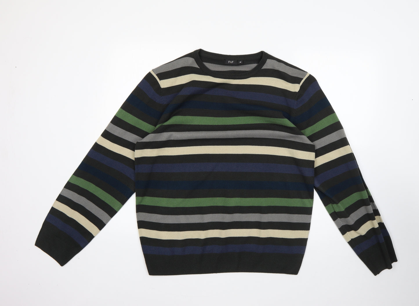 F&F Mens Multicoloured Round Neck Striped Acrylic Pullover Jumper Size M