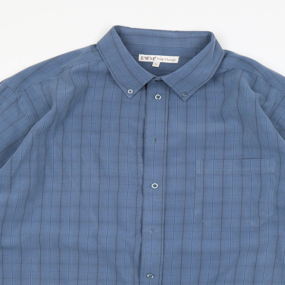 EWM Mens Blue Striped Polyester  Button-Up Size L Collared