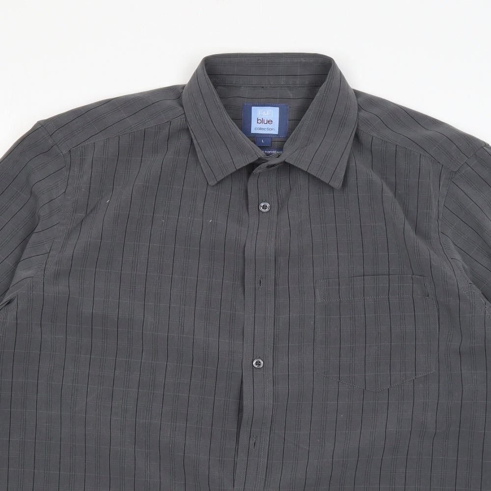 F&F Mens Grey Striped 100% Cotton  Dress Shirt Size L Collared