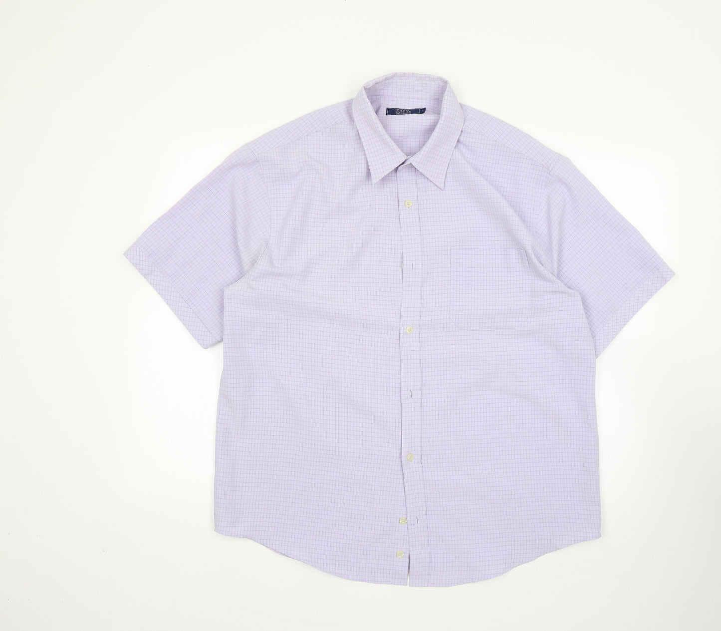 Easy Mens Purple Check Polyester  Button-Up Size L Collared