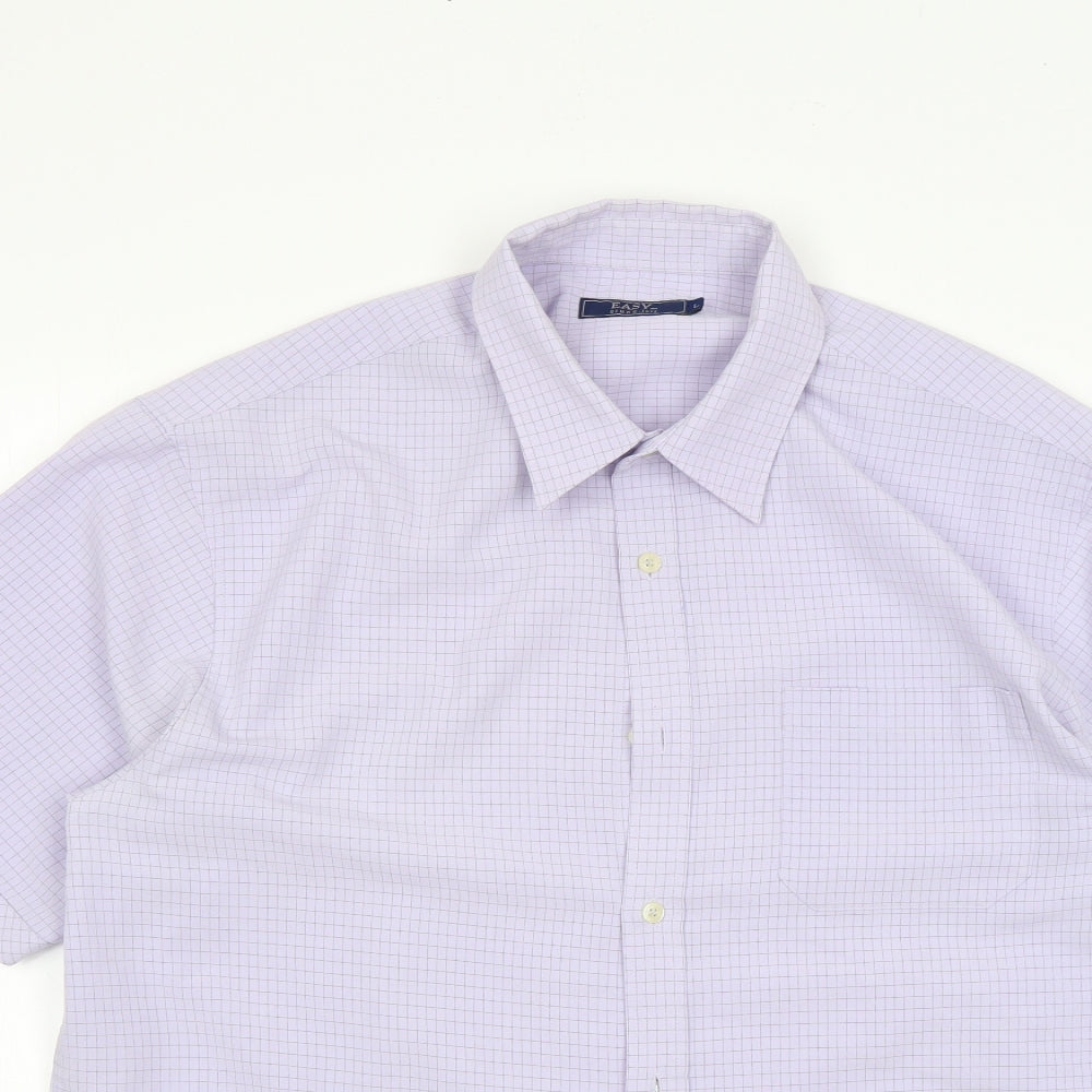 Easy Mens Purple Check Polyester  Button-Up Size L Collared