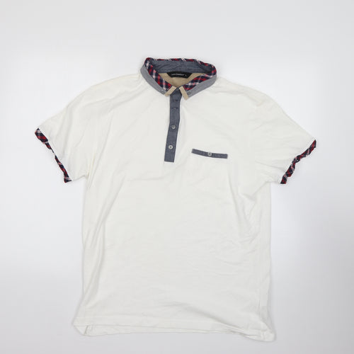 Cedar Wood State Mens White Check 100% Cotton  Polo Size L Collared