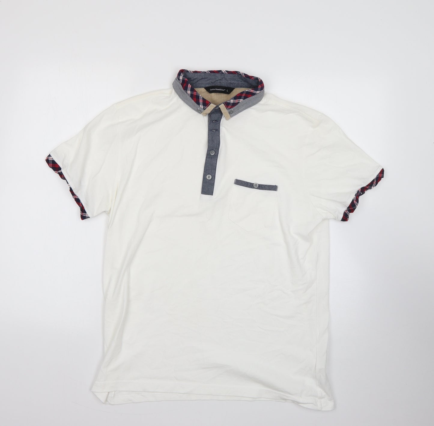 Cedar Wood State Mens White Check 100% Cotton  Polo Size L Collared