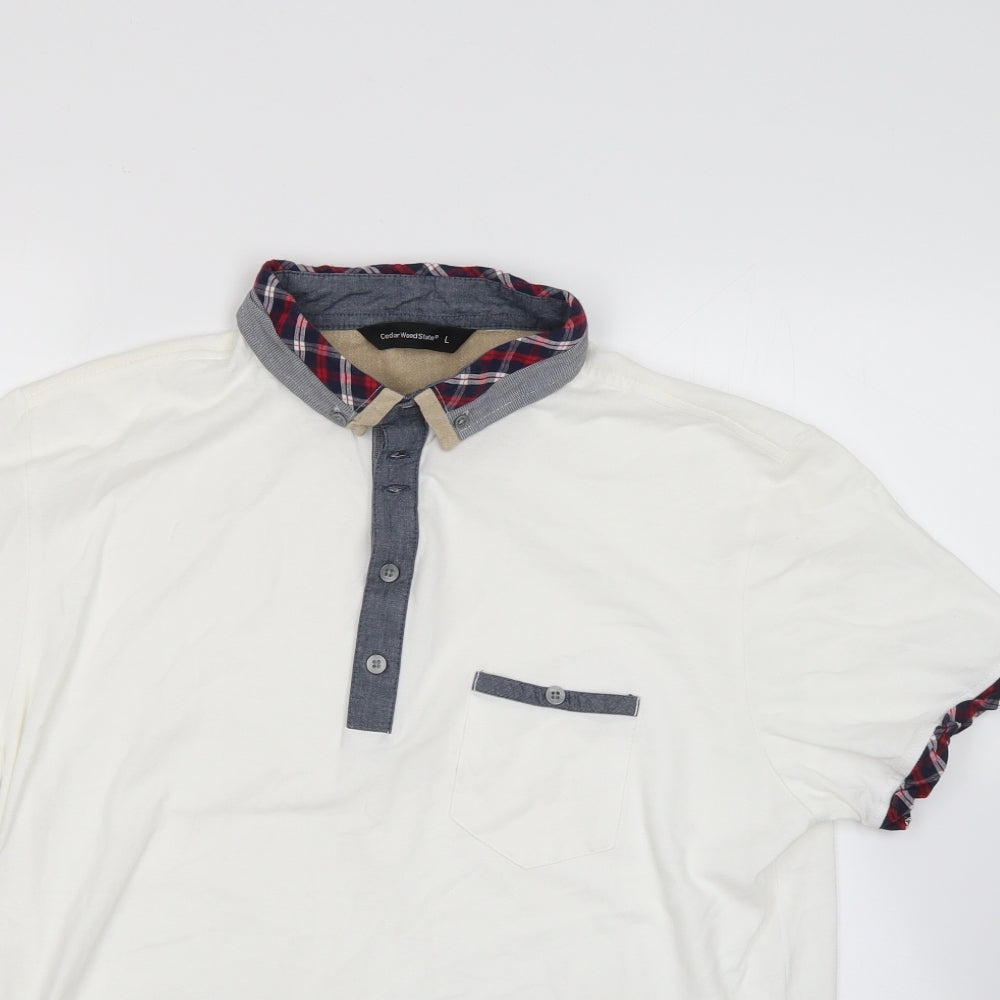 Cedar Wood State Mens White Check 100% Cotton  Polo Size L Collared