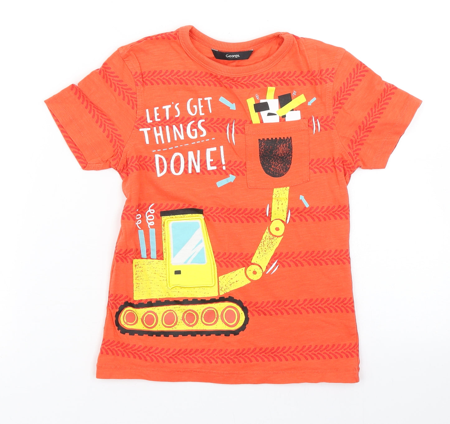 George Boys Orange Striped Cotton Basic T-Shirt Size 5-6 Years Crew Neck  - Tractor, Digger