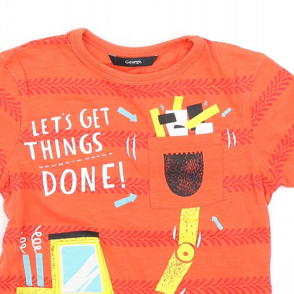 George Boys Orange Striped Cotton Basic T-Shirt Size 5-6 Years Crew Neck  - Tractor, Digger