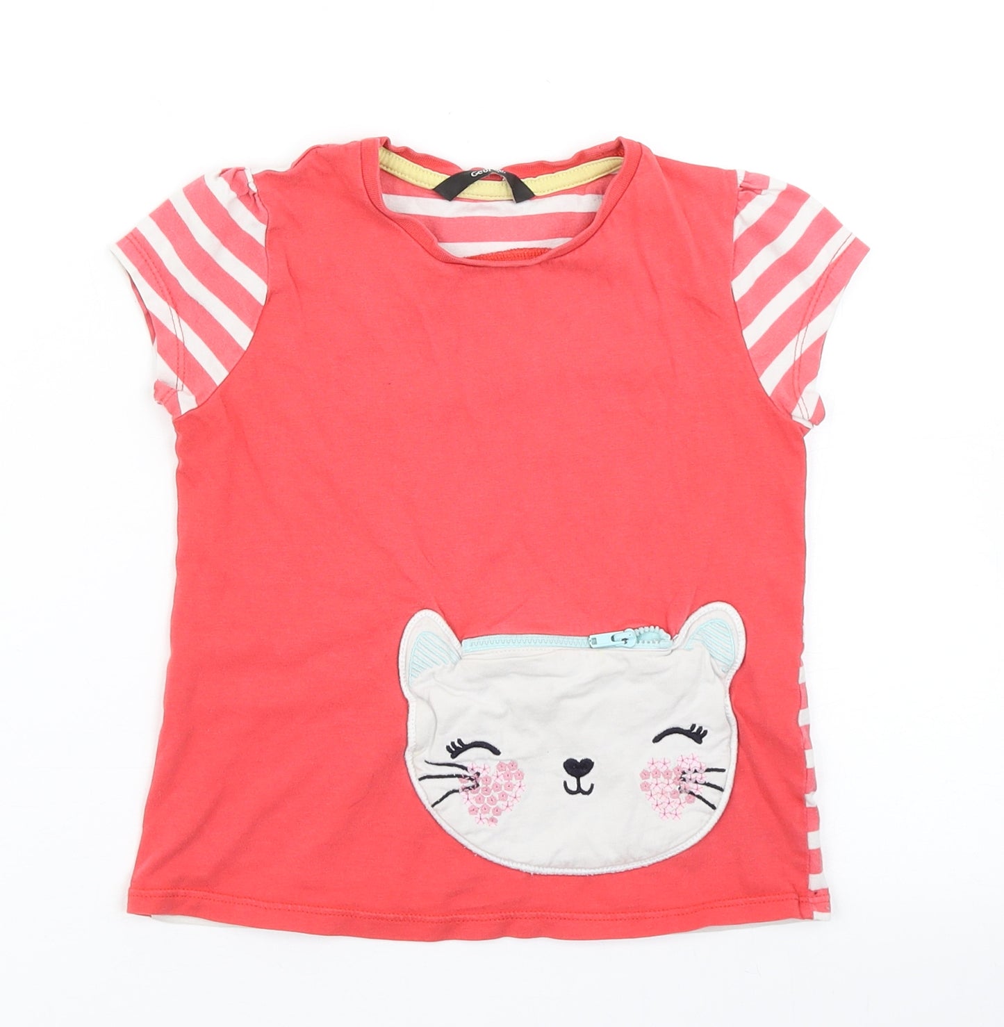 George Girls Pink Striped Cotton Basic T-Shirt Size 5-6 Years Crew Neck  - Cat