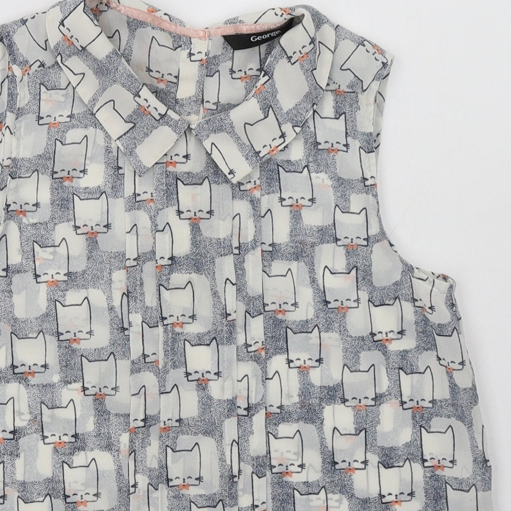 George Girls Blue Geometric Polyester Basic Button-Up Size 9-10 Years Collared Button - Cat Print