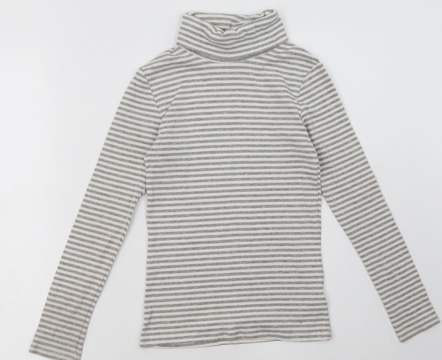 NEXT Girls Grey Striped Cotton Basic Casual Size 10 Years Roll Neck Pullover