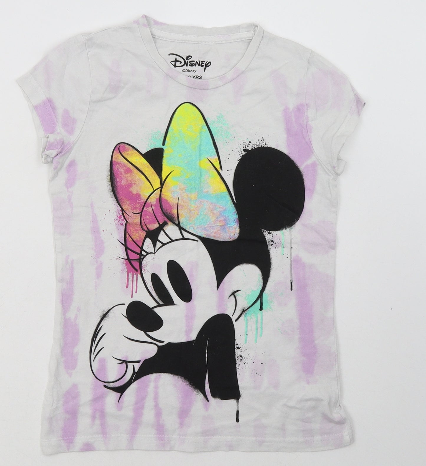 Disney Girls Purple Geometric Cotton Basic T-Shirt Size 9-10 Years Crew Neck Pullover - Minnie Mouse