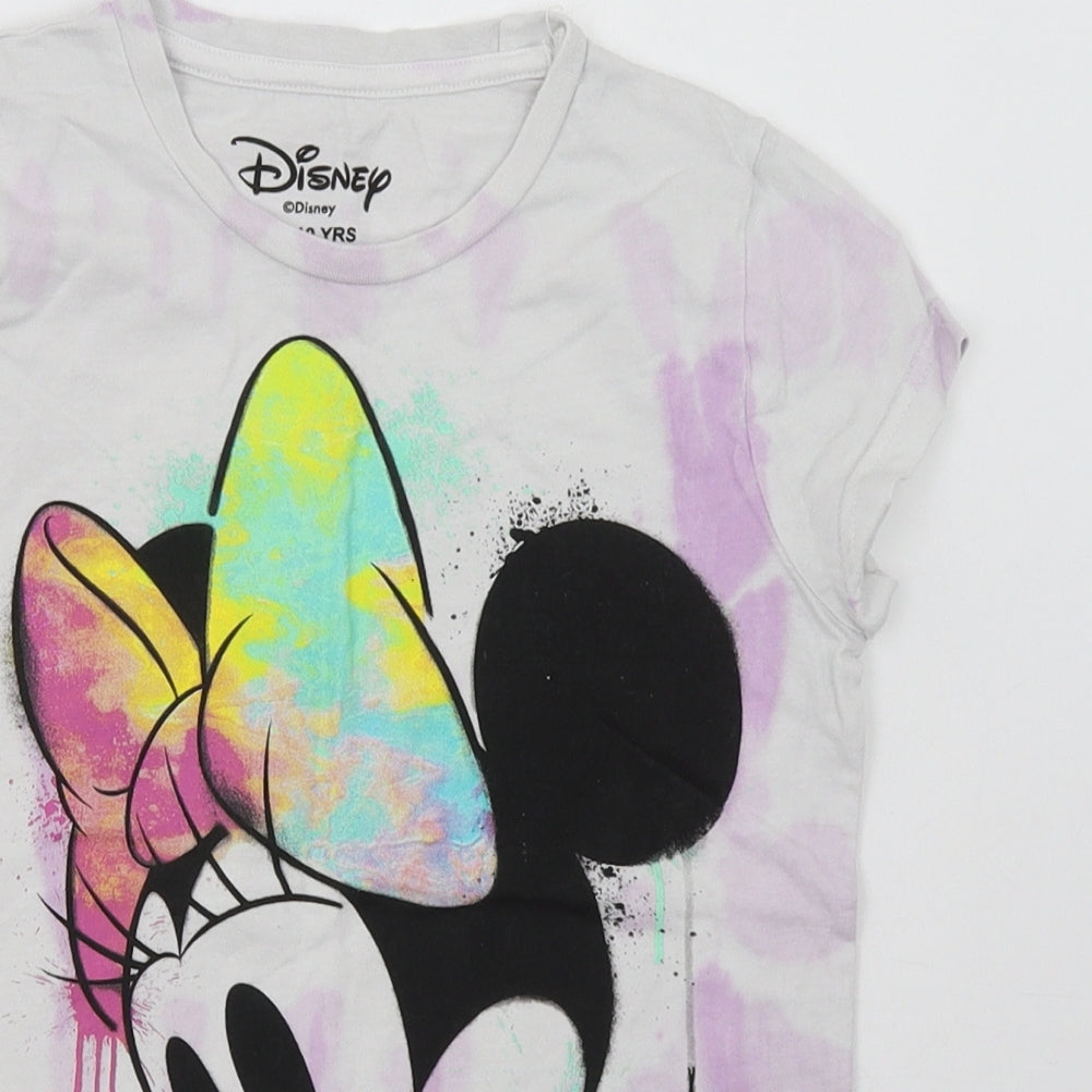 Disney Girls Purple Geometric Cotton Basic T-Shirt Size 9-10 Years Crew Neck Pullover - Minnie Mouse