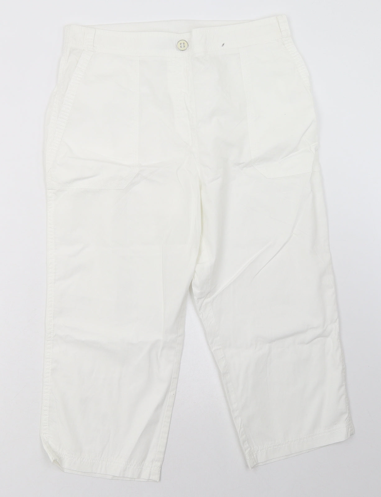 bonmarch Womens White  Cotton Cropped Trousers Size 12 L22 in Regular Button