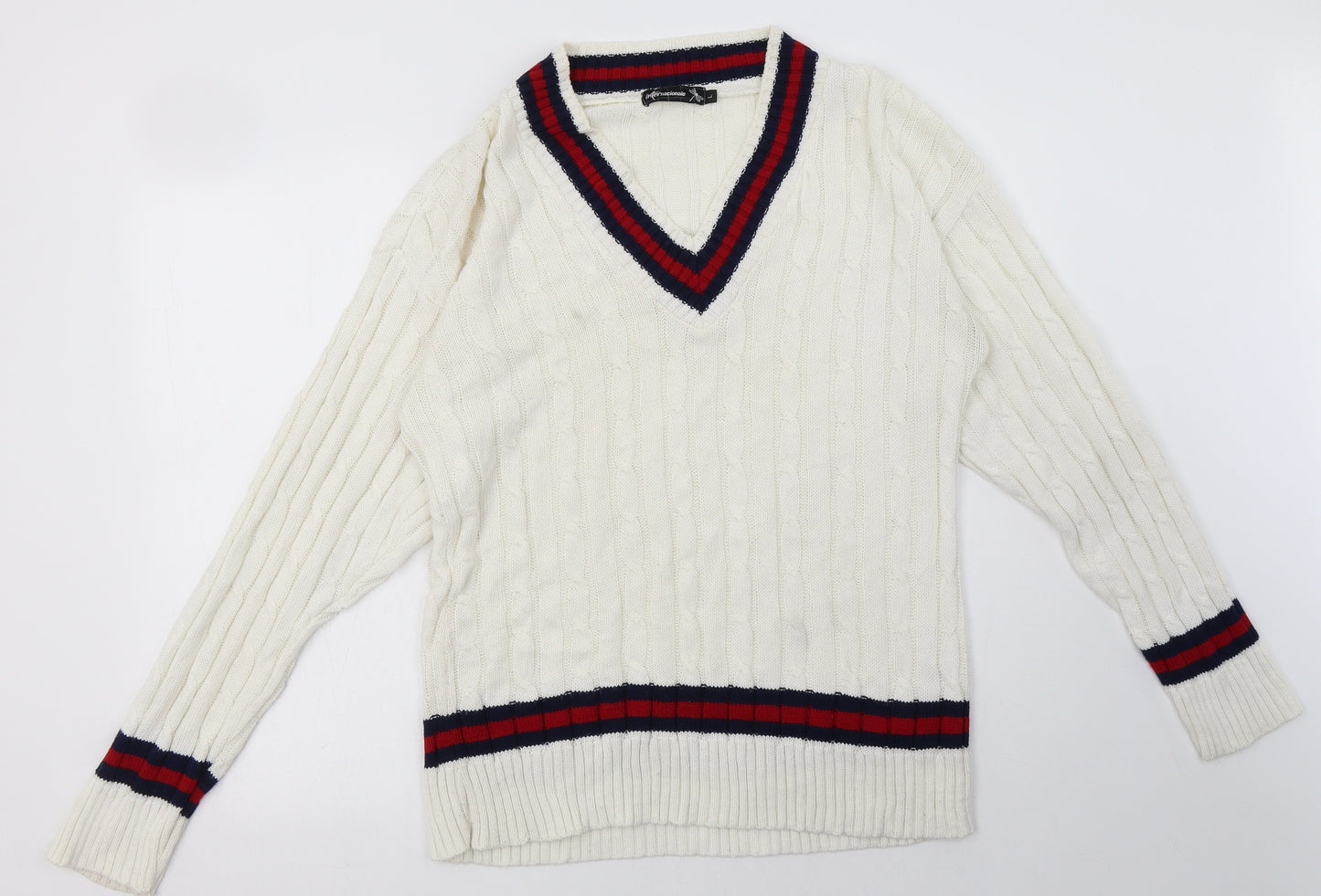 Internacionale Womens White Striped Acrylic  Sweatshirt Size L  Pullover