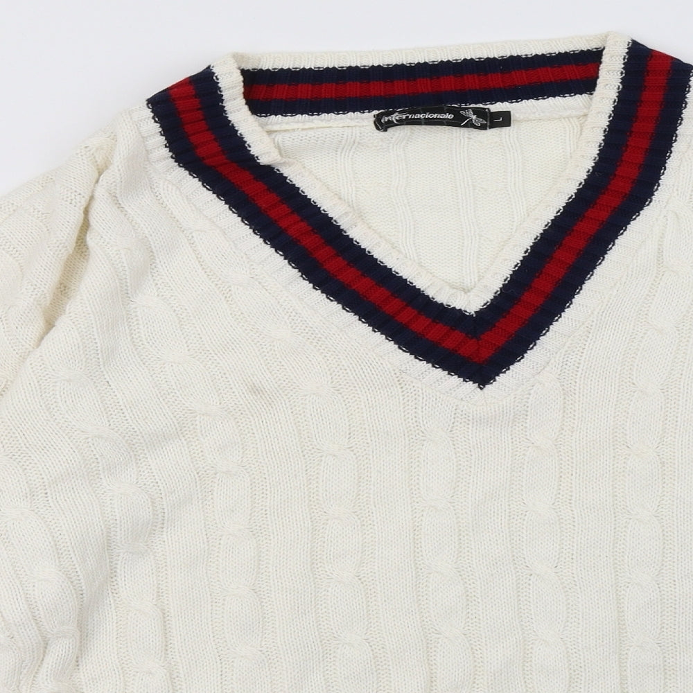 Internacionale Womens White Striped Acrylic  Sweatshirt Size L  Pullover