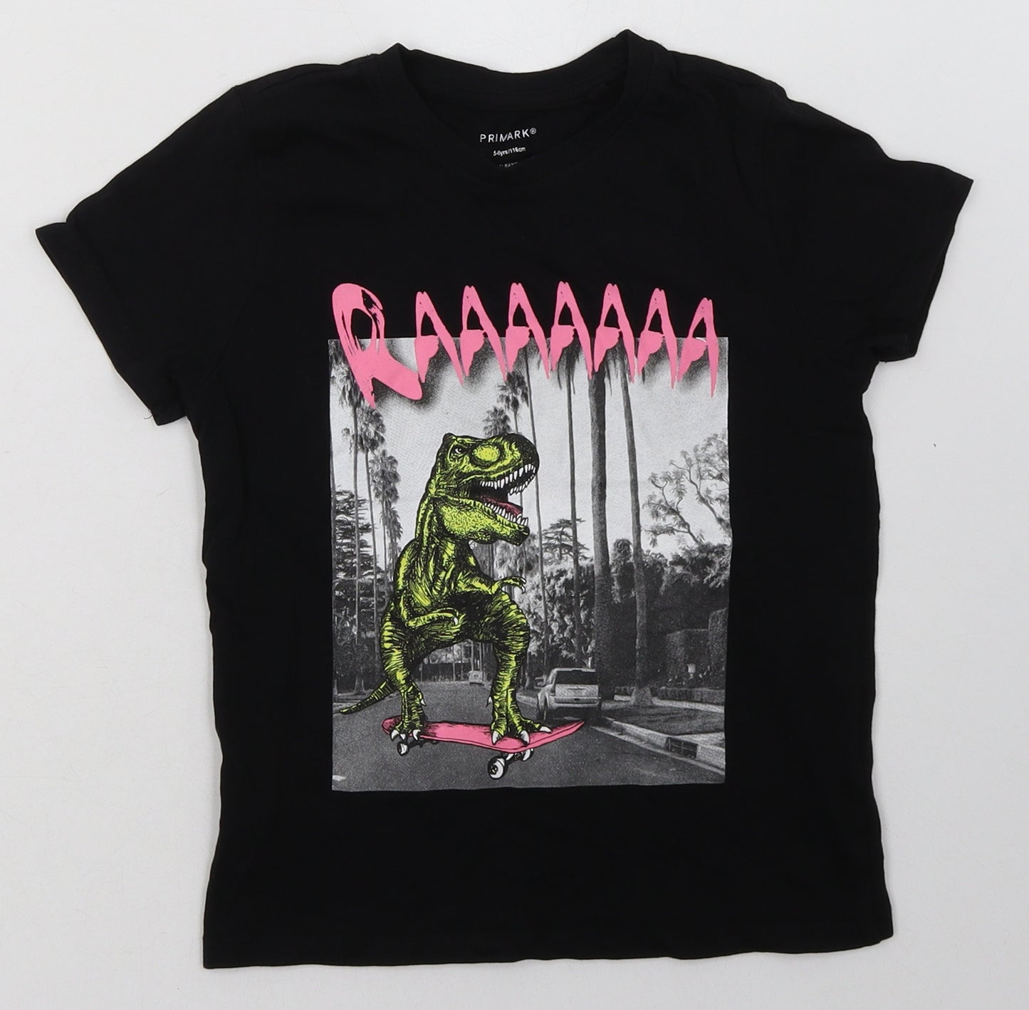Primark Girls Black  Cotton Basic T-Shirt Size 5-6 Years Crew Neck Pullover - Dinosaurs